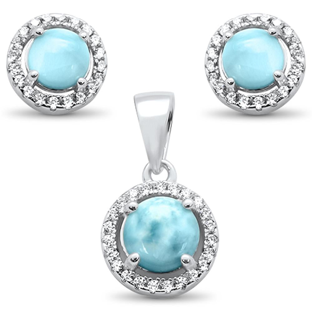 Natural Halo Larimar & Cubic Zirconia Earring & Pendant .925 STERLING SILVER Set