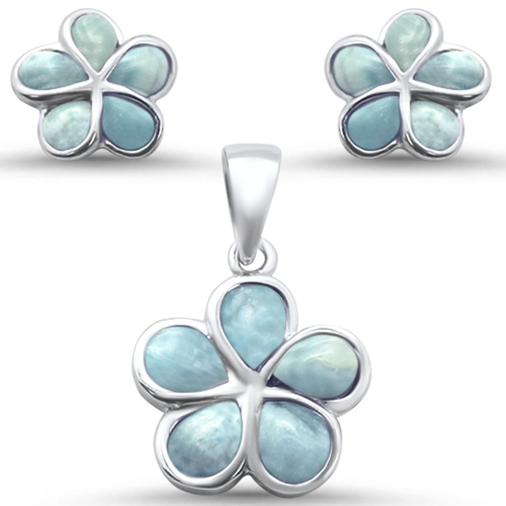 Plumeria Flower Natural Larimar .925 STERLING SILVER Earring & Pendant Set