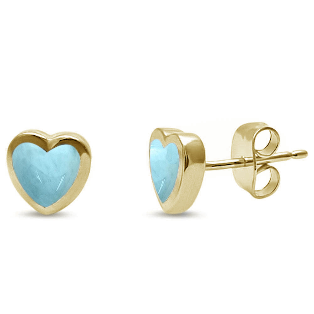 Yellow Gold Plated Natural Larimar Heart Shape Stud .925 Sterling Silver EARRINGS