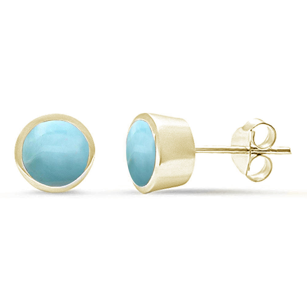 Yellow Gold Plated Natural Larimar Bezel Stud .925 Sterling Silver EARRINGS