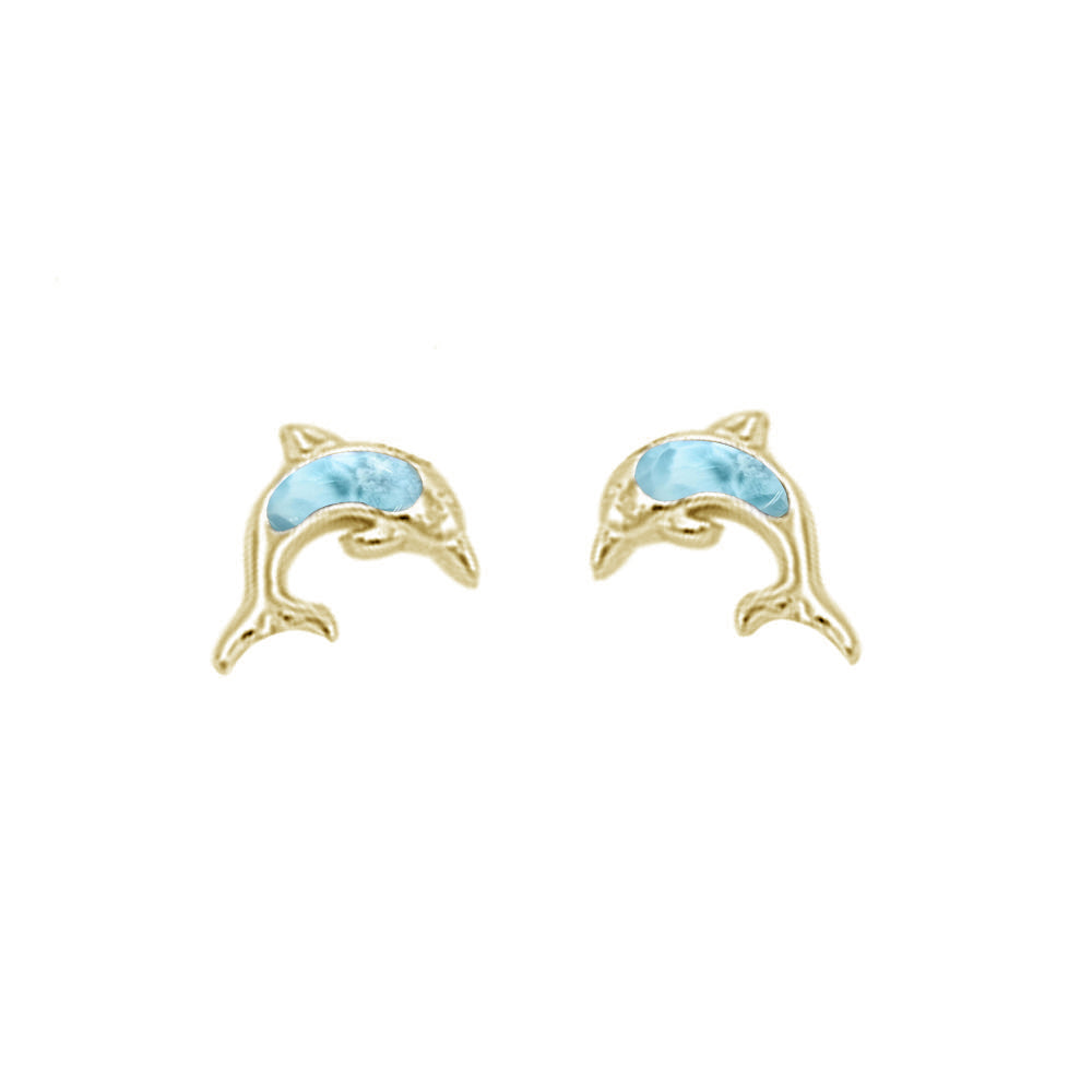 Yellow GOLD Plated Natural Larimar Stud .925 Sterling Silver Earrings