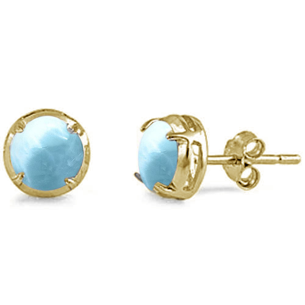 Yellow Gold Plated Round Shape Natural Larimar Stud  .925 Sterling Silver EARRINGS