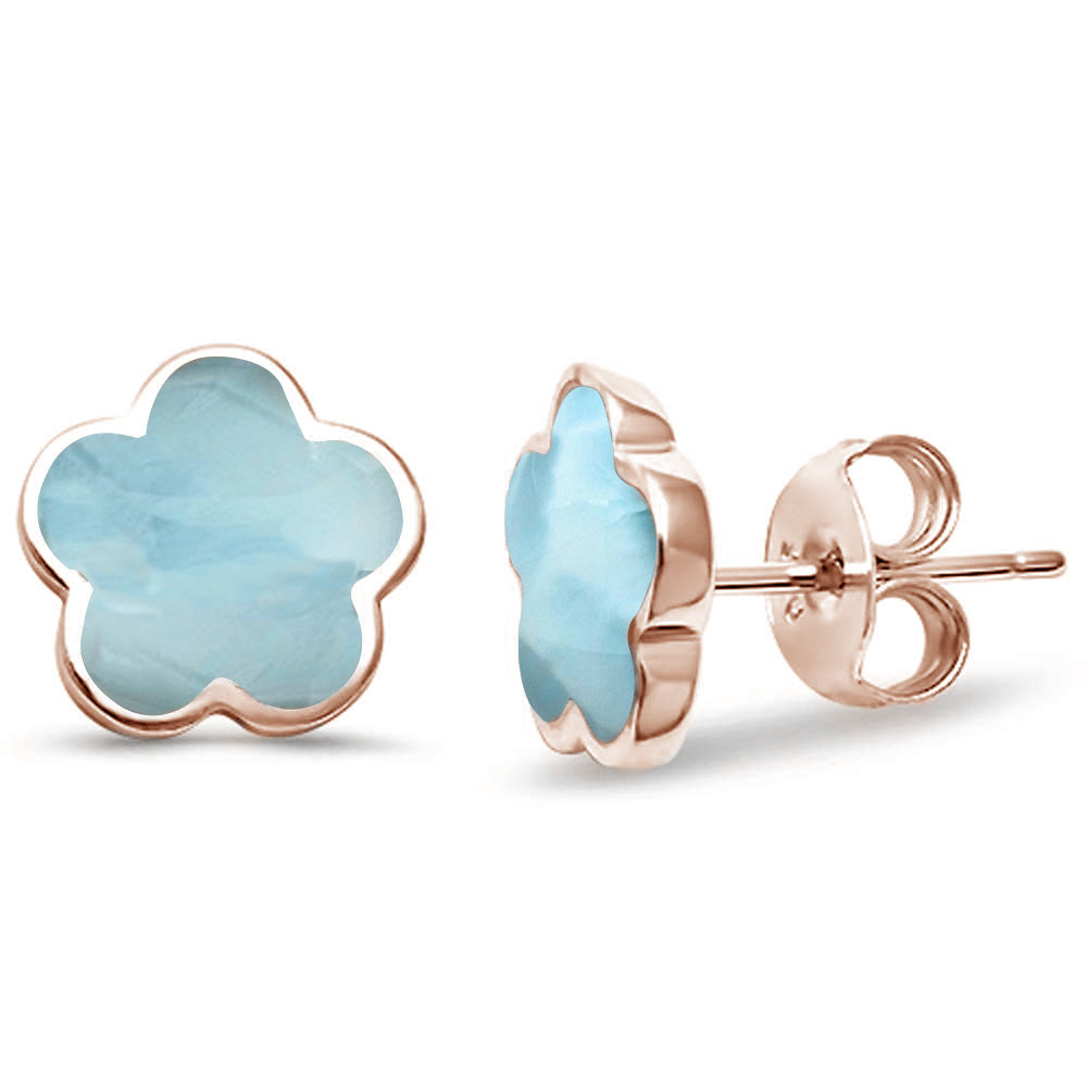 Rose Gold Plated Natural Larimar Flower .925 Sterling Silver EARRINGS