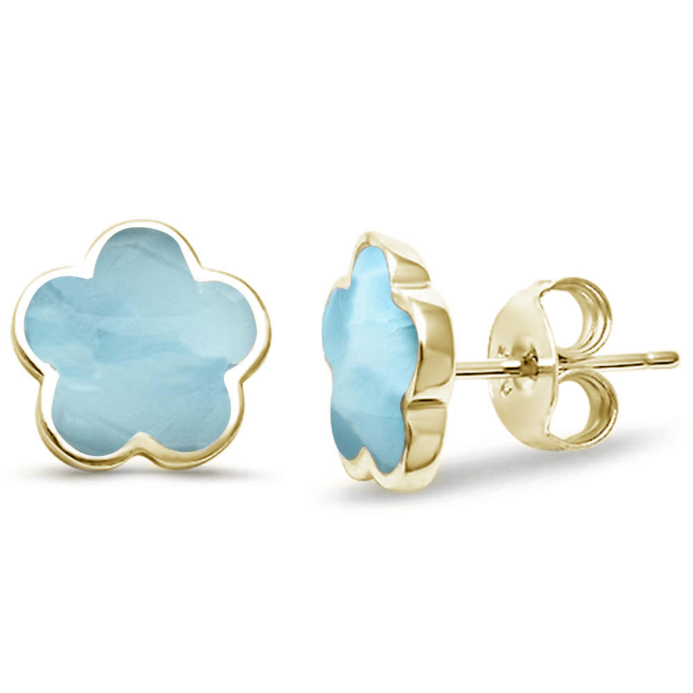 Yellow Gold Plated Natural Larimar FLOWER .925 Sterling Silver Earrings