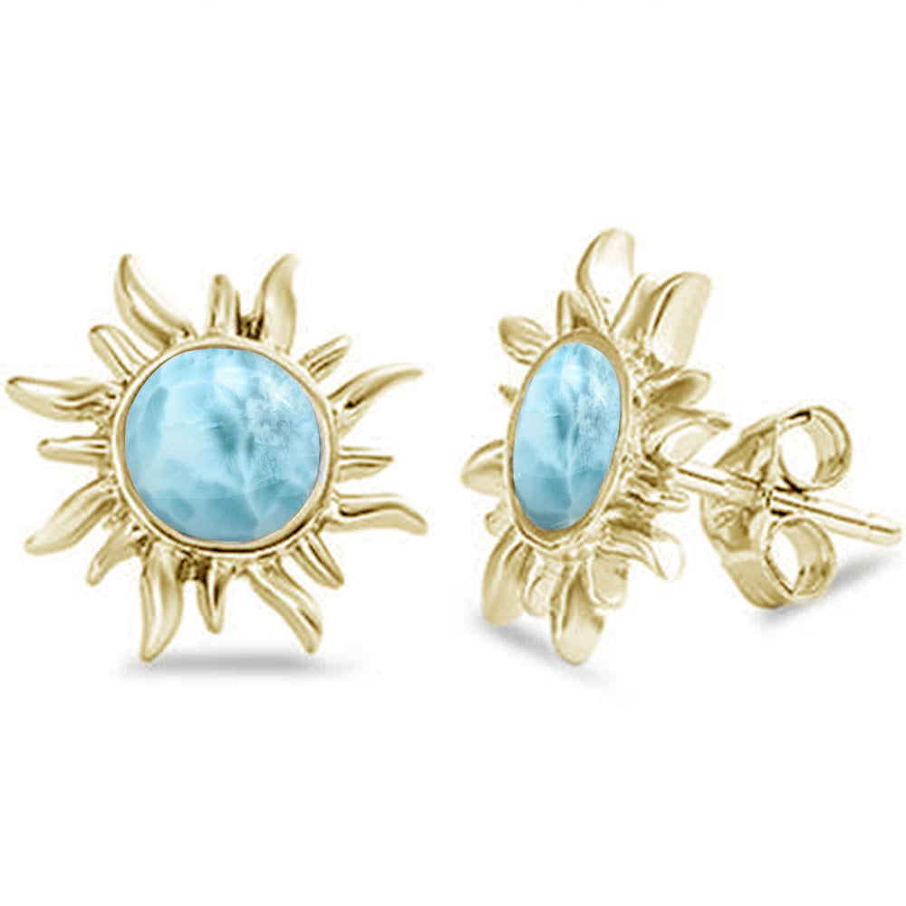 Yellow Gold Plated Natural Larimar Sun .925 Sterling Silver EARRINGS