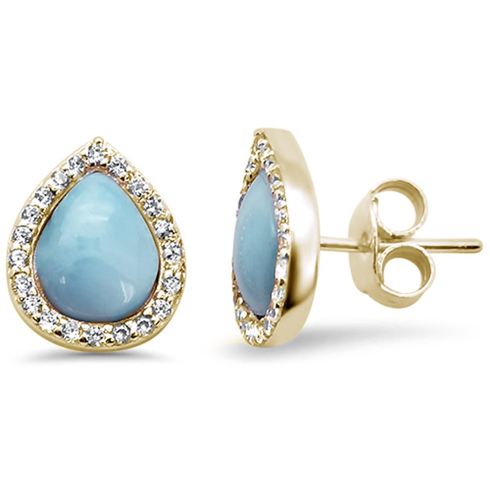 Yellow Gold Plated Pear Halo Tear Drop Natural Larimar .925 Sterling Silver EARRINGS