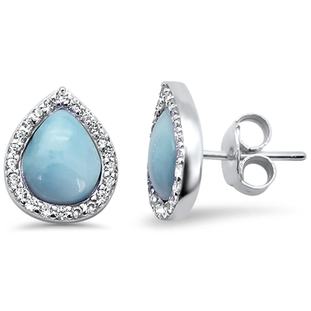 Pear Halo Tear Drop Natural Larimar .925 STERLING SILVER Earrings