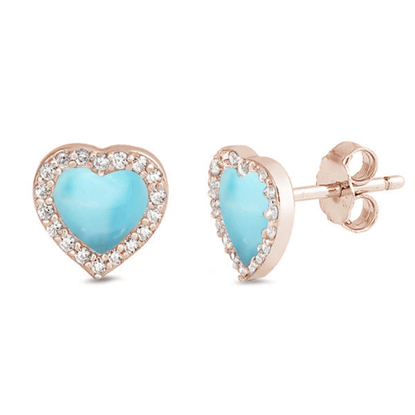 Rose GOLD Plated Natural Larimar & Cz Heart Stud .925 Sterling Silver Earrings
