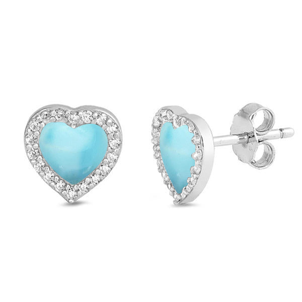 Natural Larimar & Cz Heart Stud .925 STERLING SILVER Earrings