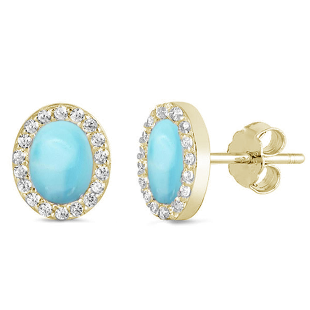 Yellow Gold Plated Natural Larimar r& Cubic Zirconia Oval STUD .925 Sterling Silver EARRINGS