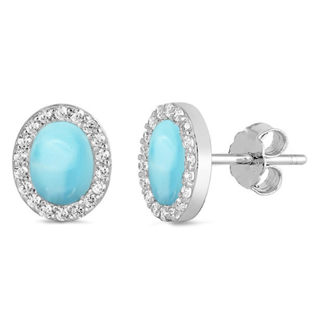 Natural Larimar r& Cz Oval Stud .925 STERLING SILVER Earrings