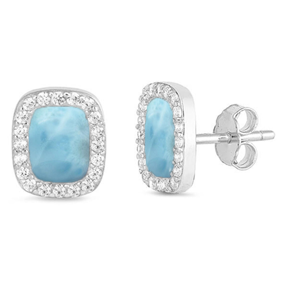 Natural Larimar & Cubic Zirconia Princess STUD .925 Sterling Silver EARRINGS