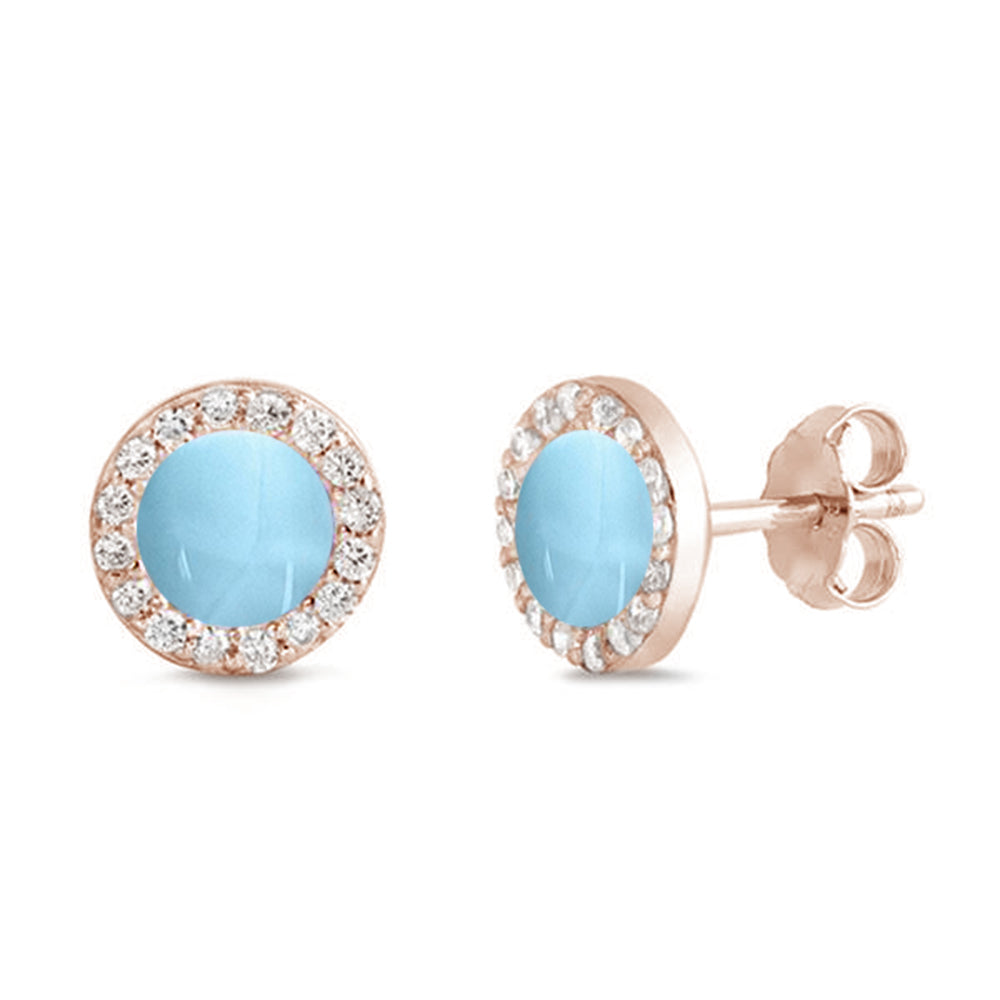 Rose Gold Plated Natural Larimar & Cz Stud Halo .925 Sterling Silver EARRINGS