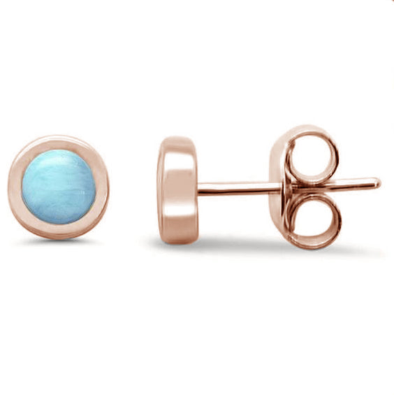 Rose GOLD Plated Round Natural Larimar Stud .925 Sterling Silver Earrings