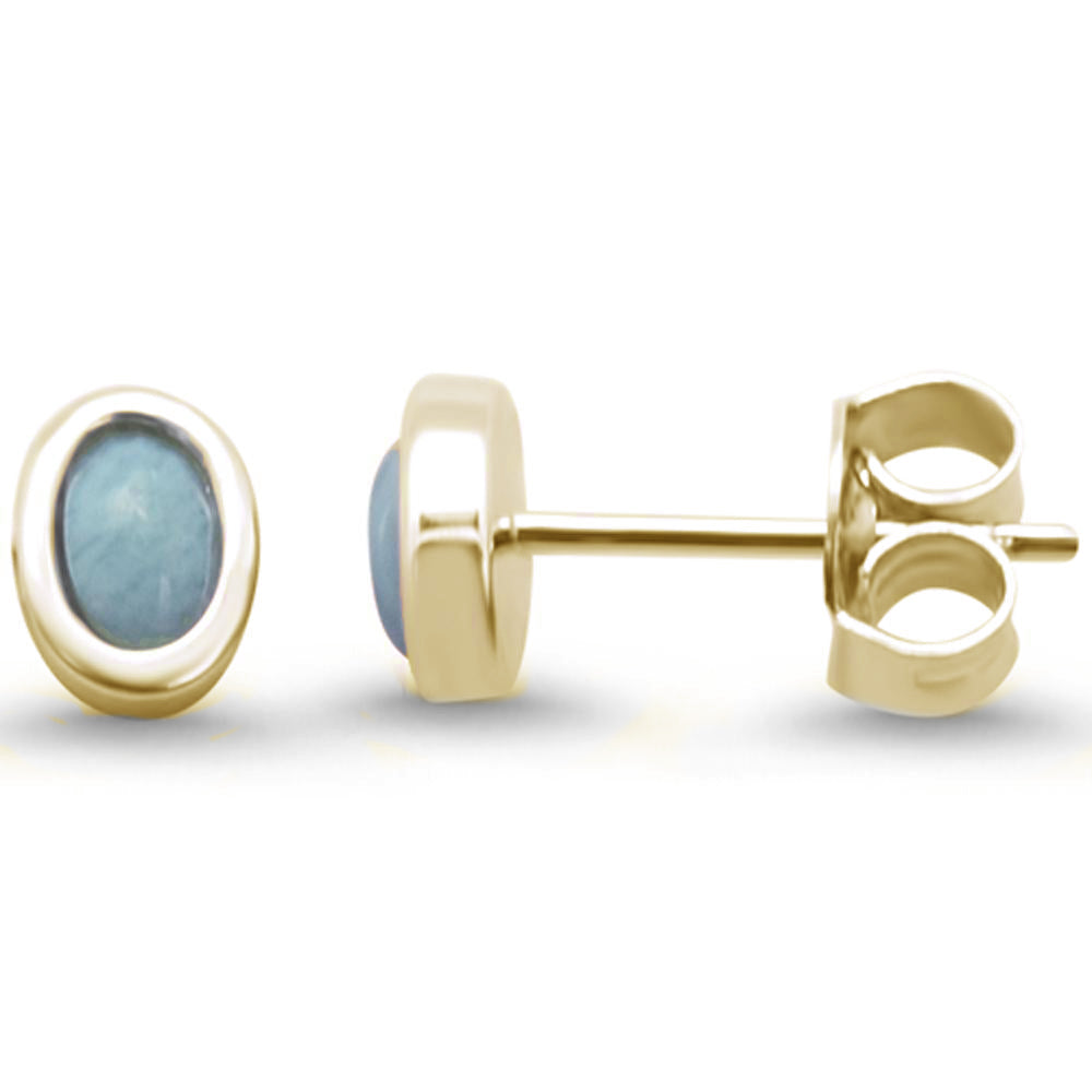 Yellow GOLD Plated Oval Larimar Studs .925 Sterling Silver Earrings