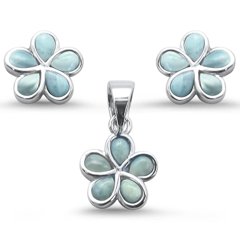 Plumeria Flower Natural Larimar .925 Sterling Silver EARRING & Pendant Set