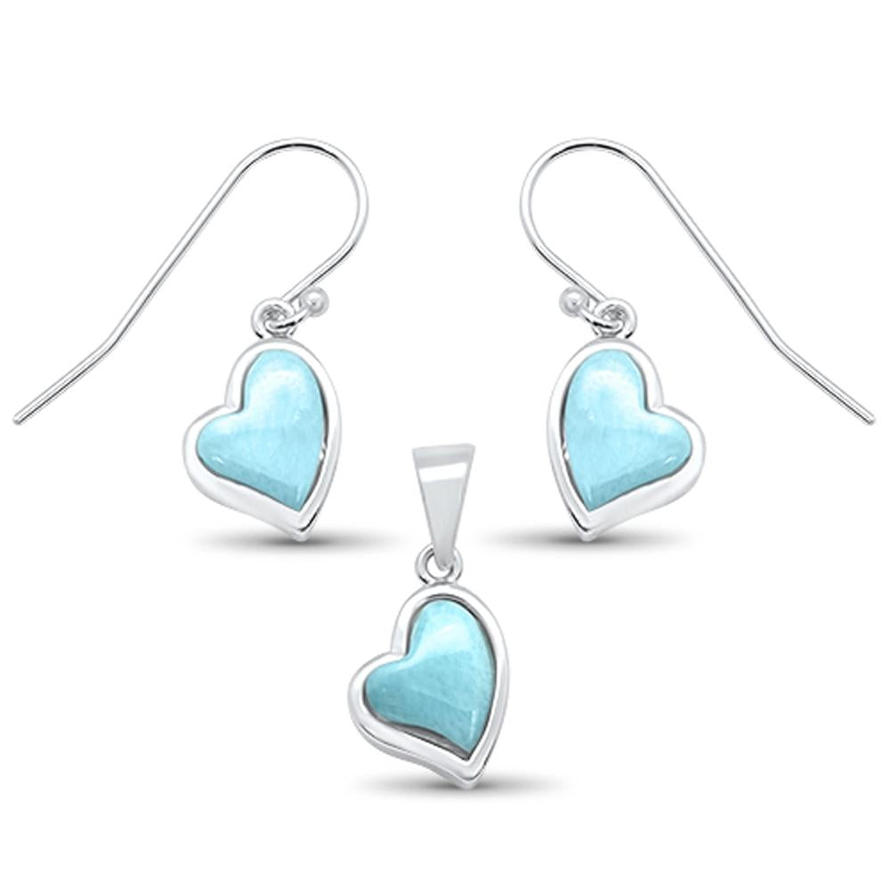 Natural Larimar Heart Shape DANGLE Earring & Pendant .925 Sterling Silver Set