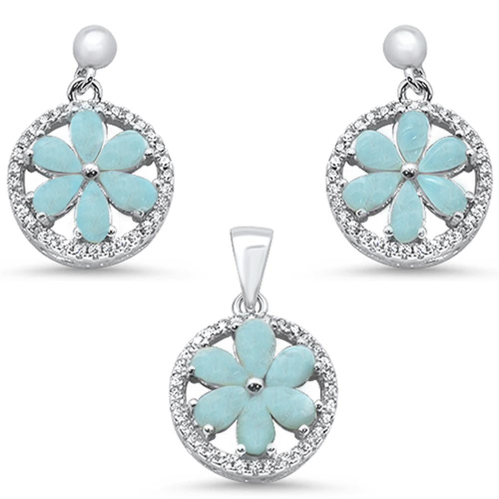 Natural Larimar & Round CZ .925 STERLING SILVER Pendant & Earring Set