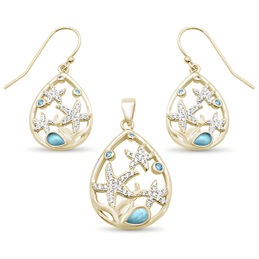 Yellow Gold Plated Natural Larimar & Aquamarine Star Cz Drop Pendant & EARRING .925 Sterling Silver 