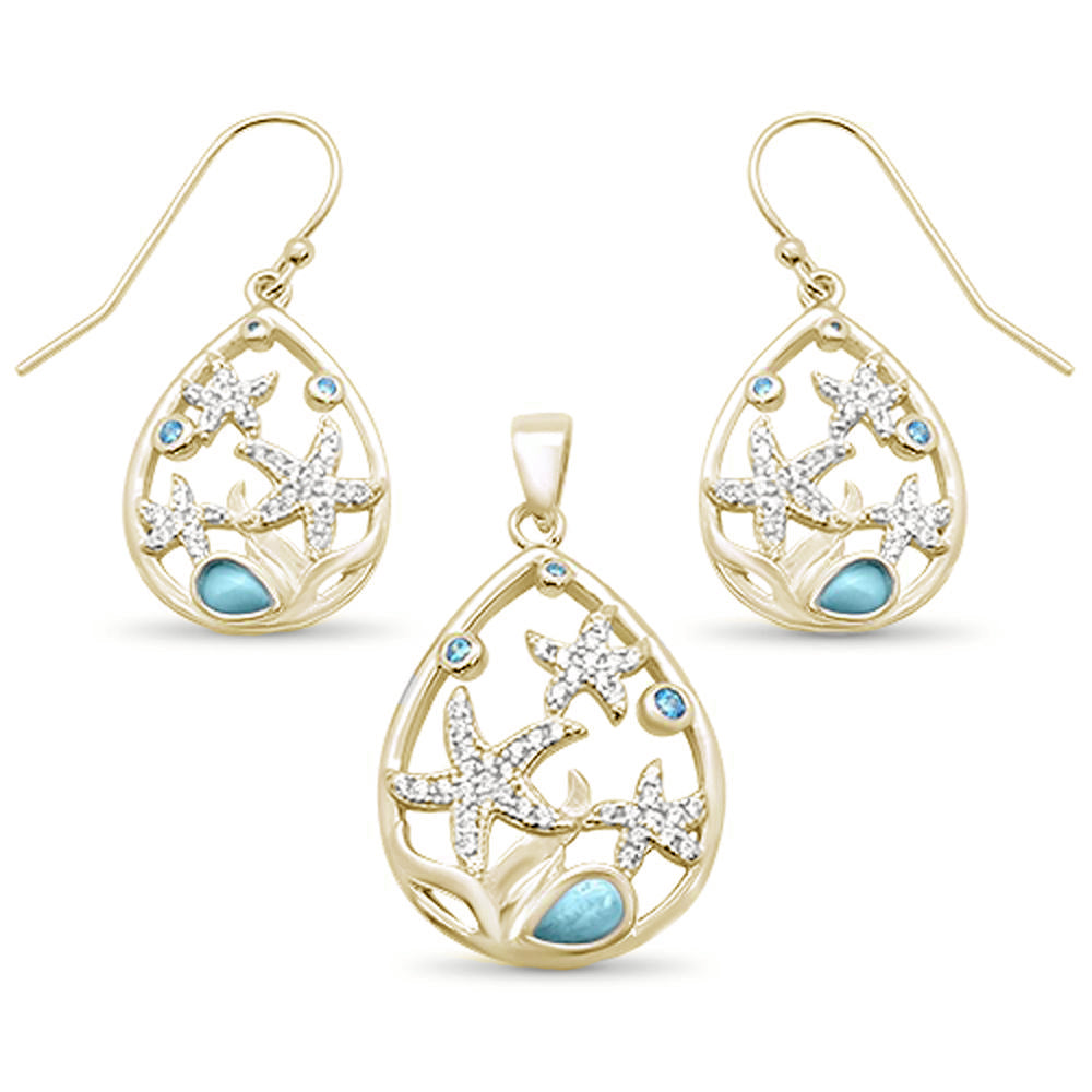 Yellow Gold Plated Natural Larimar & AQUAMARINE Star Cz Drop Pendant & Earring .925 Sterling Silver 
