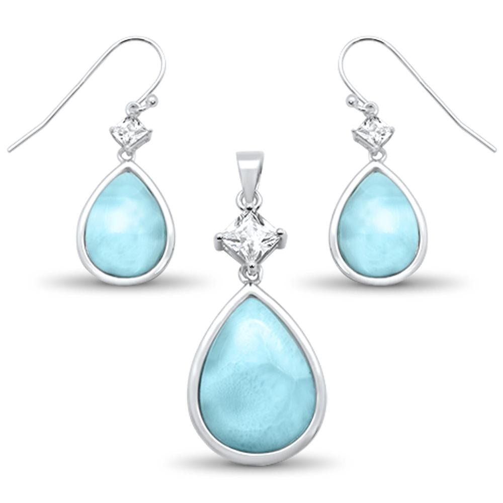 Natural Larimar & Cz Pear Shape Dangle Earring & PENDANT .925 Sterling Silver Set