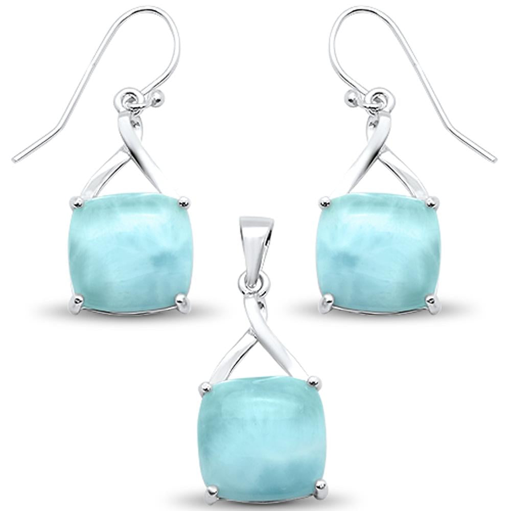 New Natural Larimar Cushion Cut Earring & Pendant .925 STERLING SILVER Set