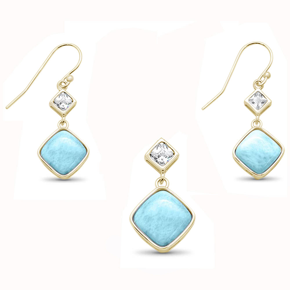 Yellow Gold Plated Natural Princess Cut Larimar & Cubic Zirconia Dangling  .925 Sterling Silver Pend
