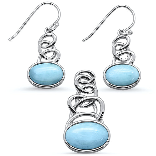 Natural Larimar Oval Shape Spiral DANGLE Earring & Pendant .925 Sterling Silver Set