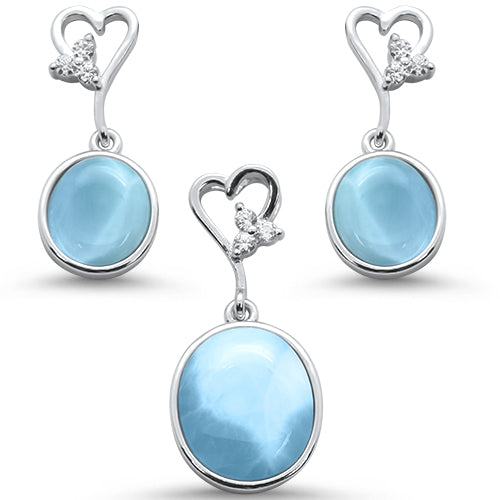 Oval Natural Larimar & Cz with Heart Shape DANGLE Earring & Pendant .925 Sterling Silver Set