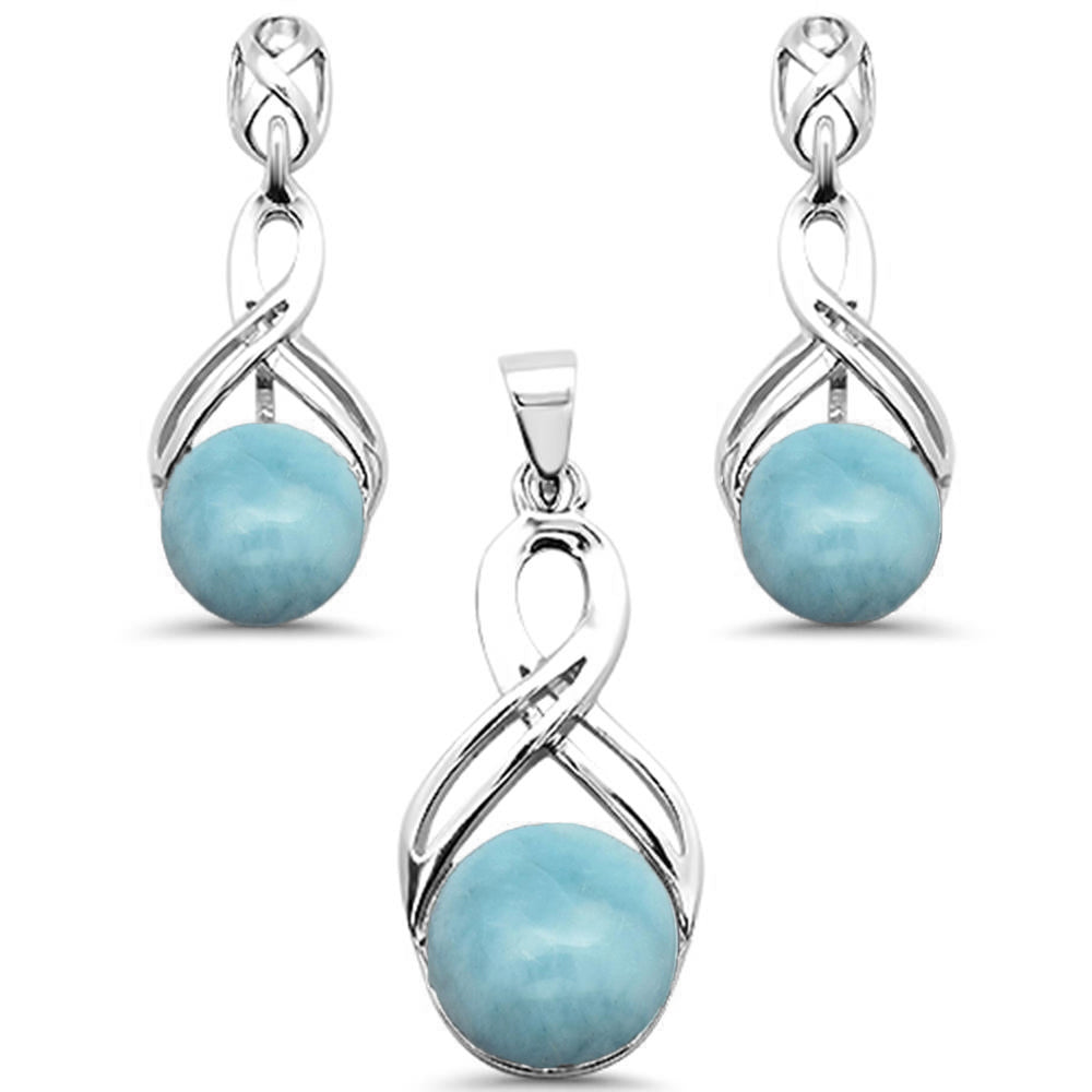 Round Natural Larimar Infinity Drop DANGLE Earring & Pendant .925 Sterling Silver Set