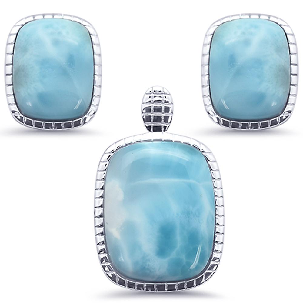 Cushion Cut Natural Larimar .925 STERLING SILVER Earring & Pendant Set