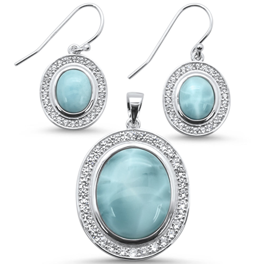 Natural Larimar & CZ Oval 925 Sterling Silver Earring & PENDANT Set