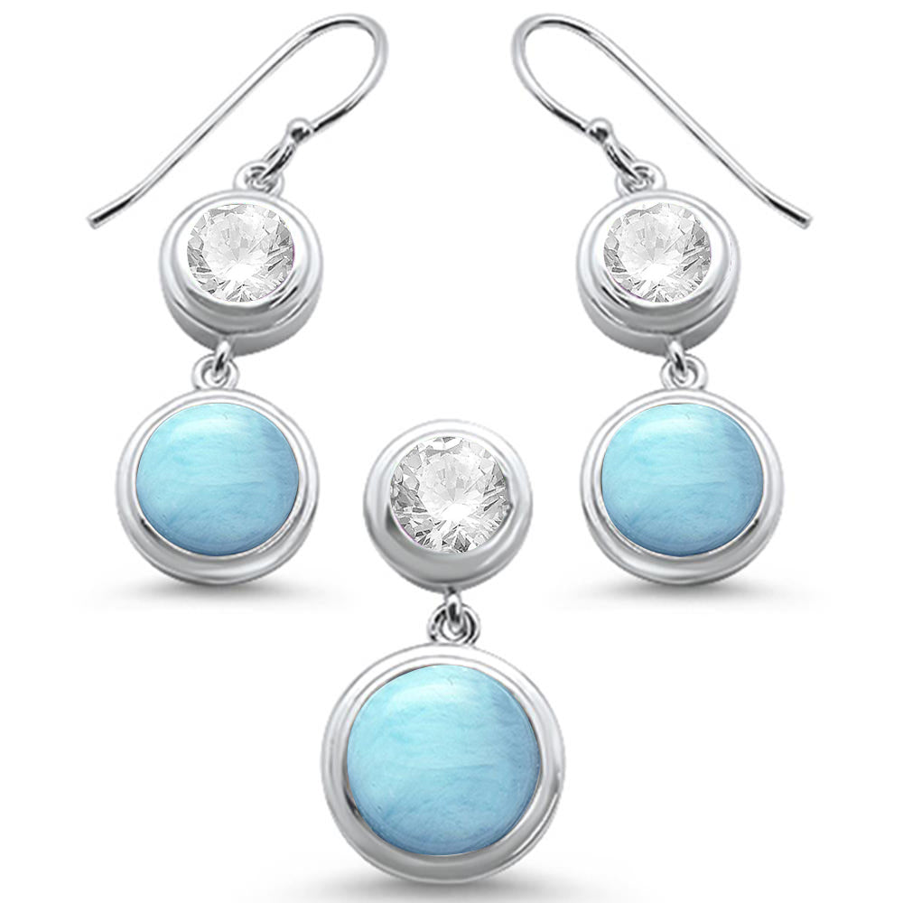 Round Natural Larimar & Cubic Zirconia .925 STERLING SILVER Pendant & Earring Set