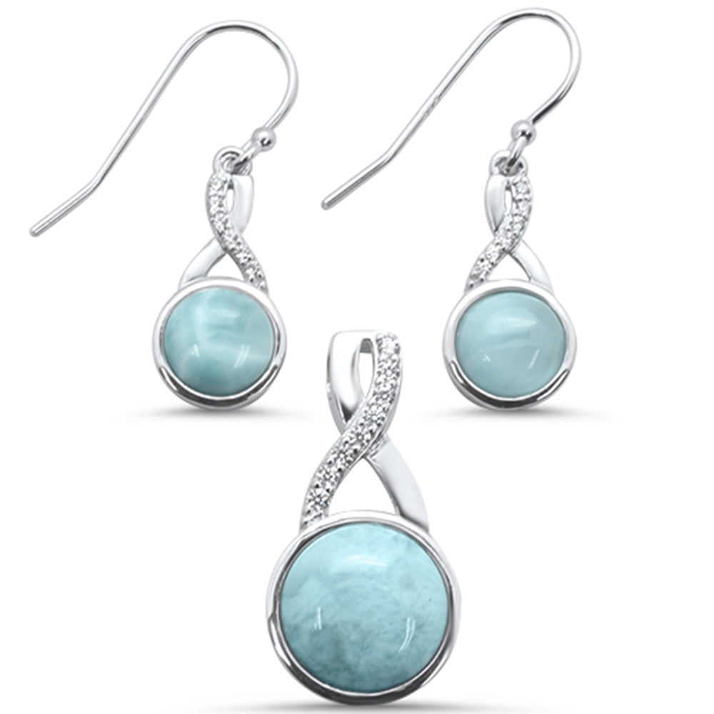 Round Natural Larimar & Cubic Zirconia  .925 Sterling Silver Earring & PENDANT Set