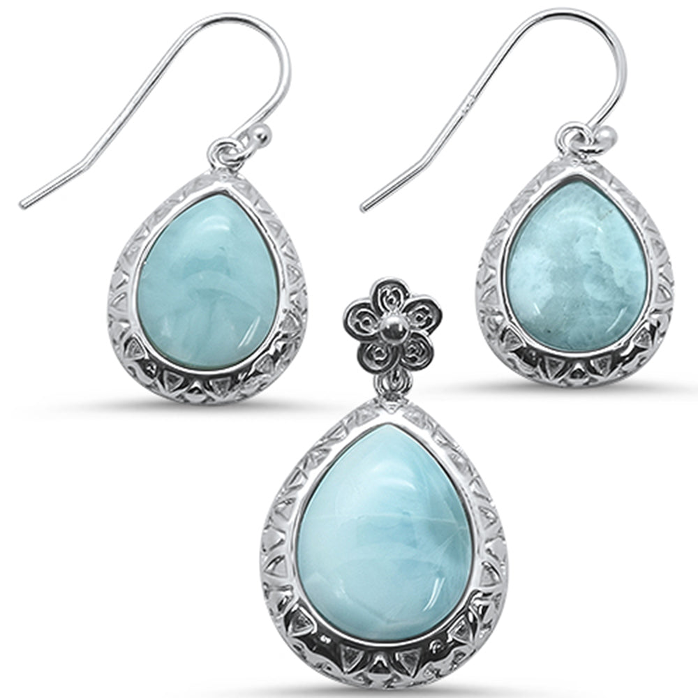 Round Natural Larimar FLOWER .925 Sterling Silver Earring & Pendant Set