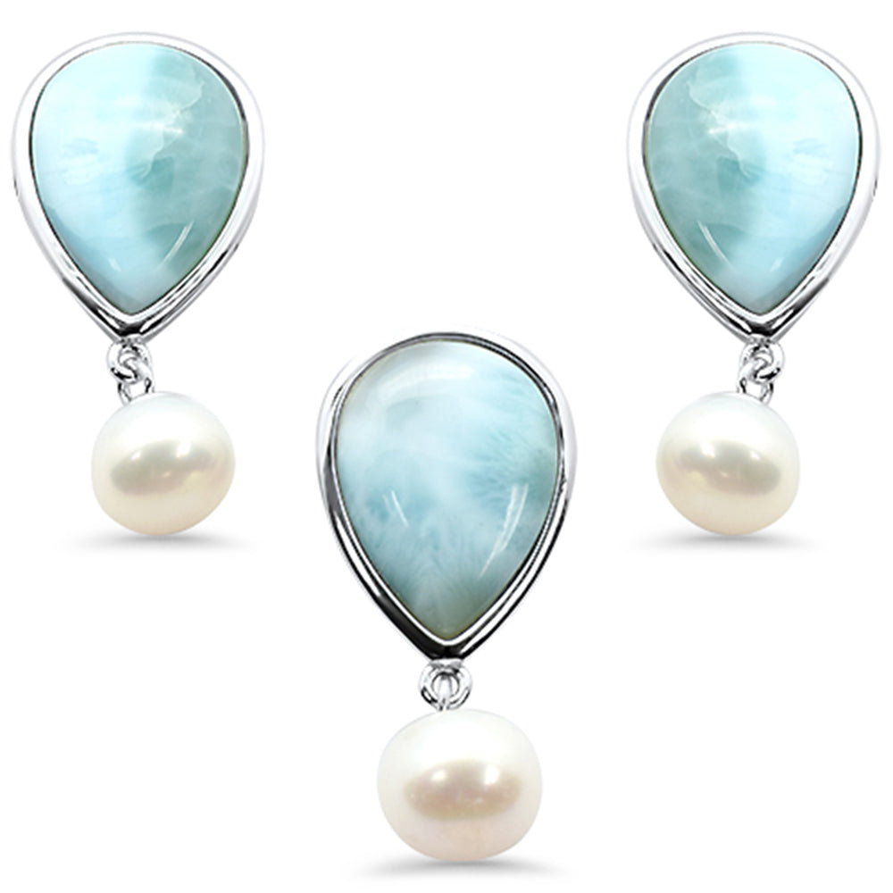 Natural Larimar & Mother Pearl .925 STERLING SILVER Pendant & Earring Set