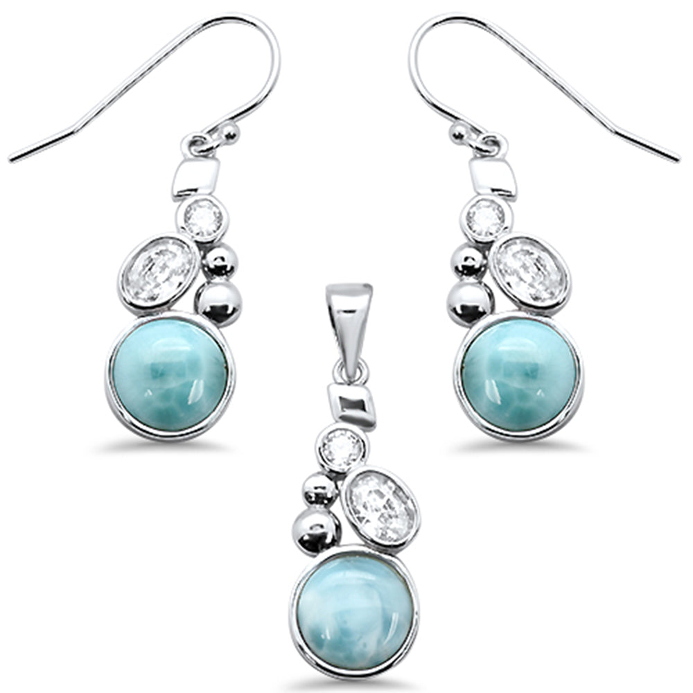 Round Natural Larimar & Cz .925 Sterling Silver Pendant & EARRING Set