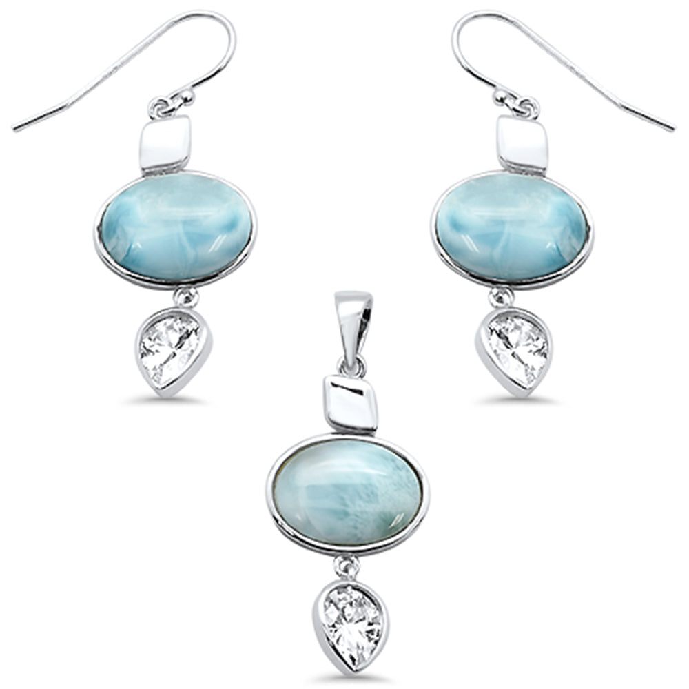 Larimar & Pear Cubic Zirconia .925 Sterling Silver Pendant & EARRING Set