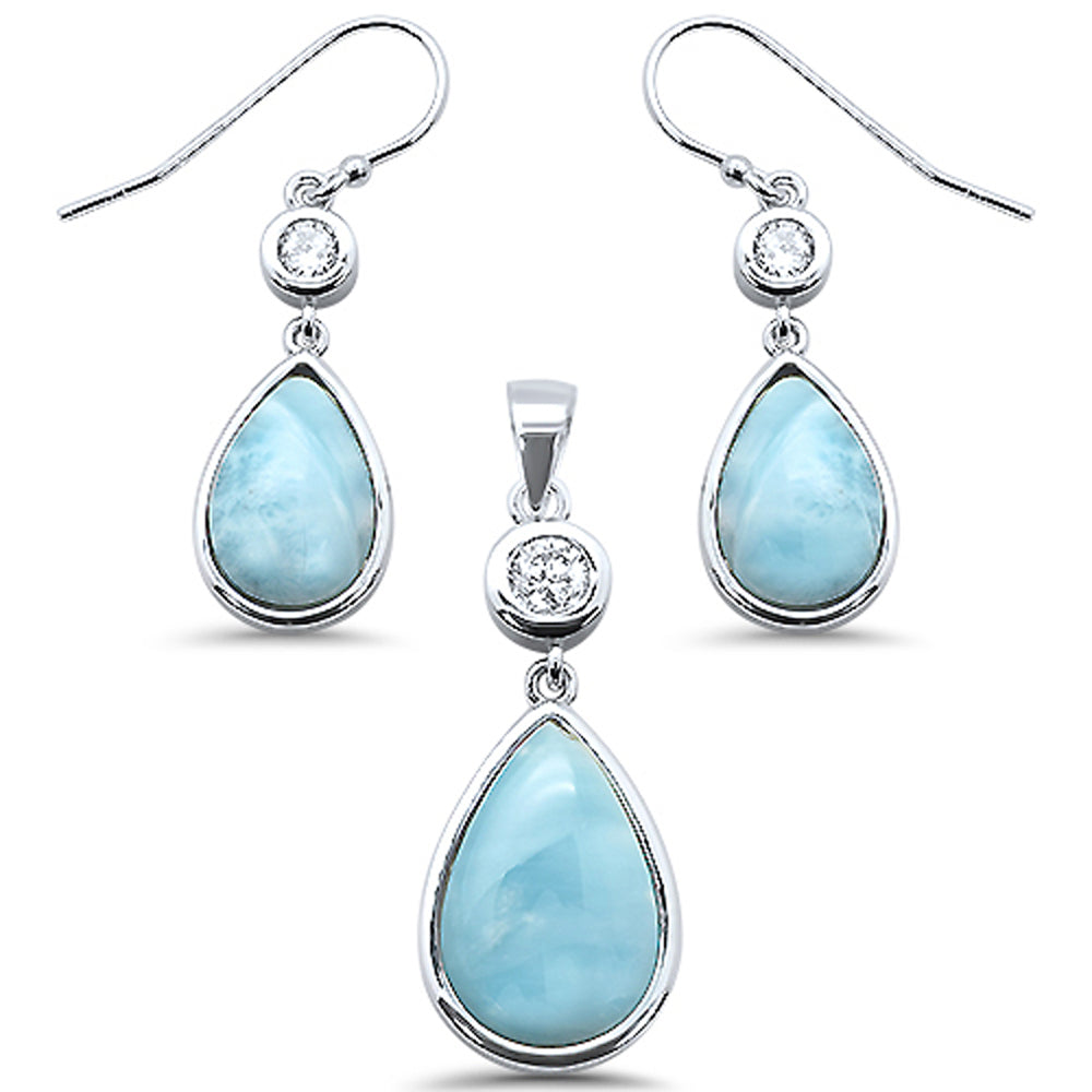 Pear Shape Natural Larimar & Cubic Zirconia .925 Sterling Silver Pendant & EARRINGS Set