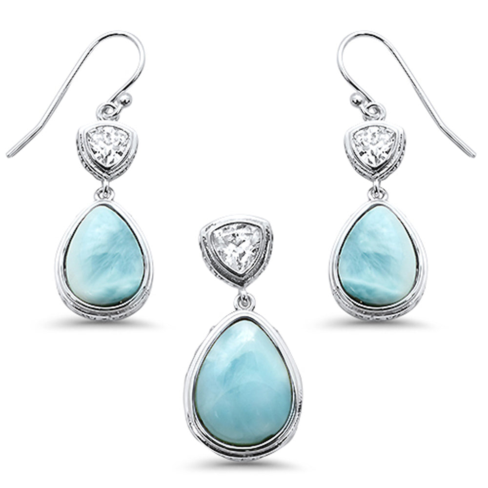 Pear Shape Natural Larimar & Cubic Zirconia .925 STERLING SILVER Pendant & Earrings Set