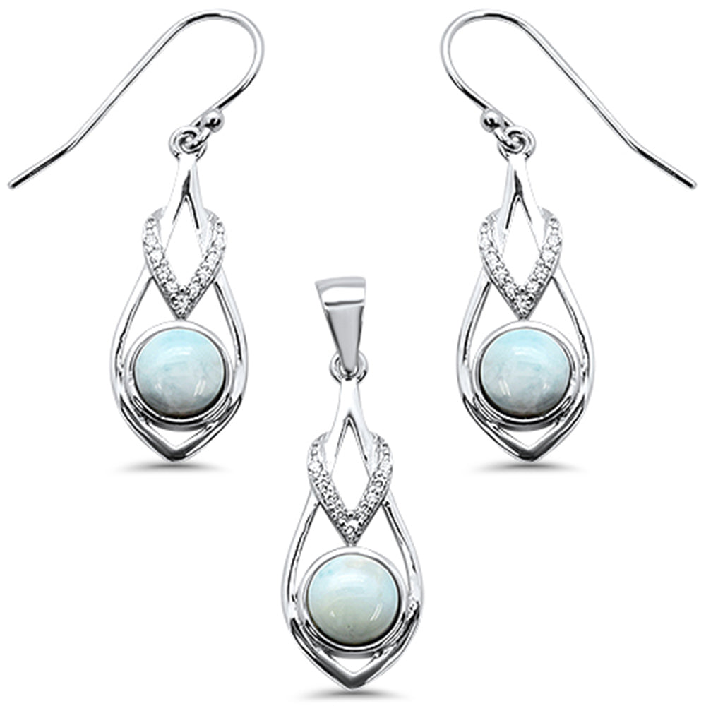 Natural Larimar & Cubic Zirconia .925 Sterling Silver Pendant & EARRING Set