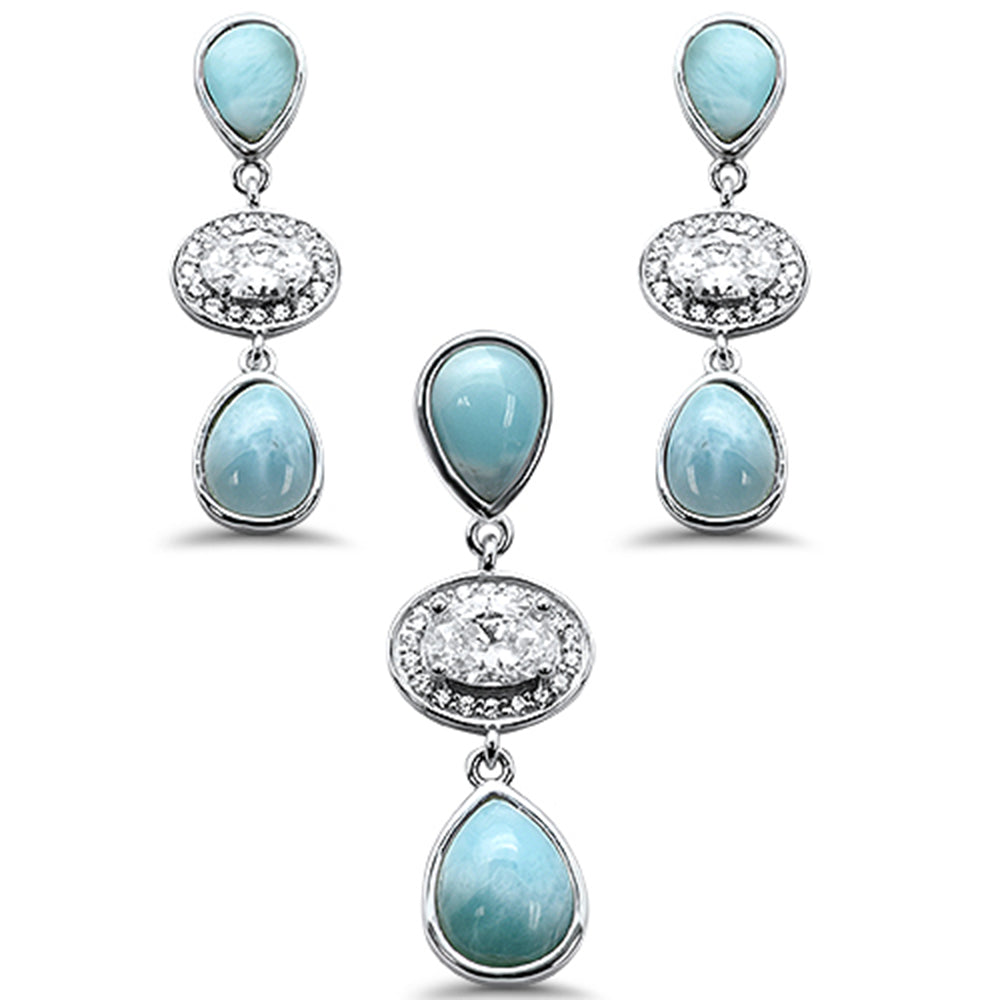 Pear Shape Natural Larimar & Oval CZ .925 Sterling Silver Pendant & EARRING Set