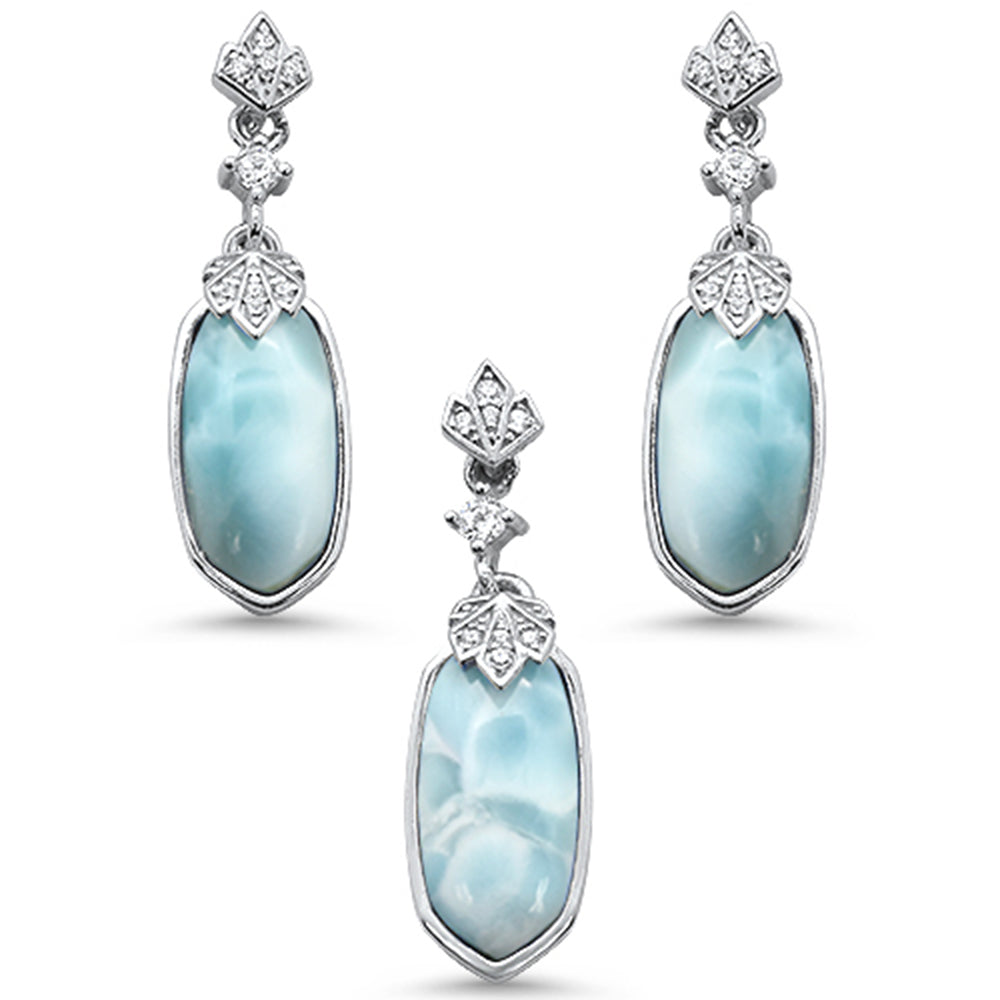 Natural Larimar & Cz .925 Sterling Silver PENDANT & Earring Set