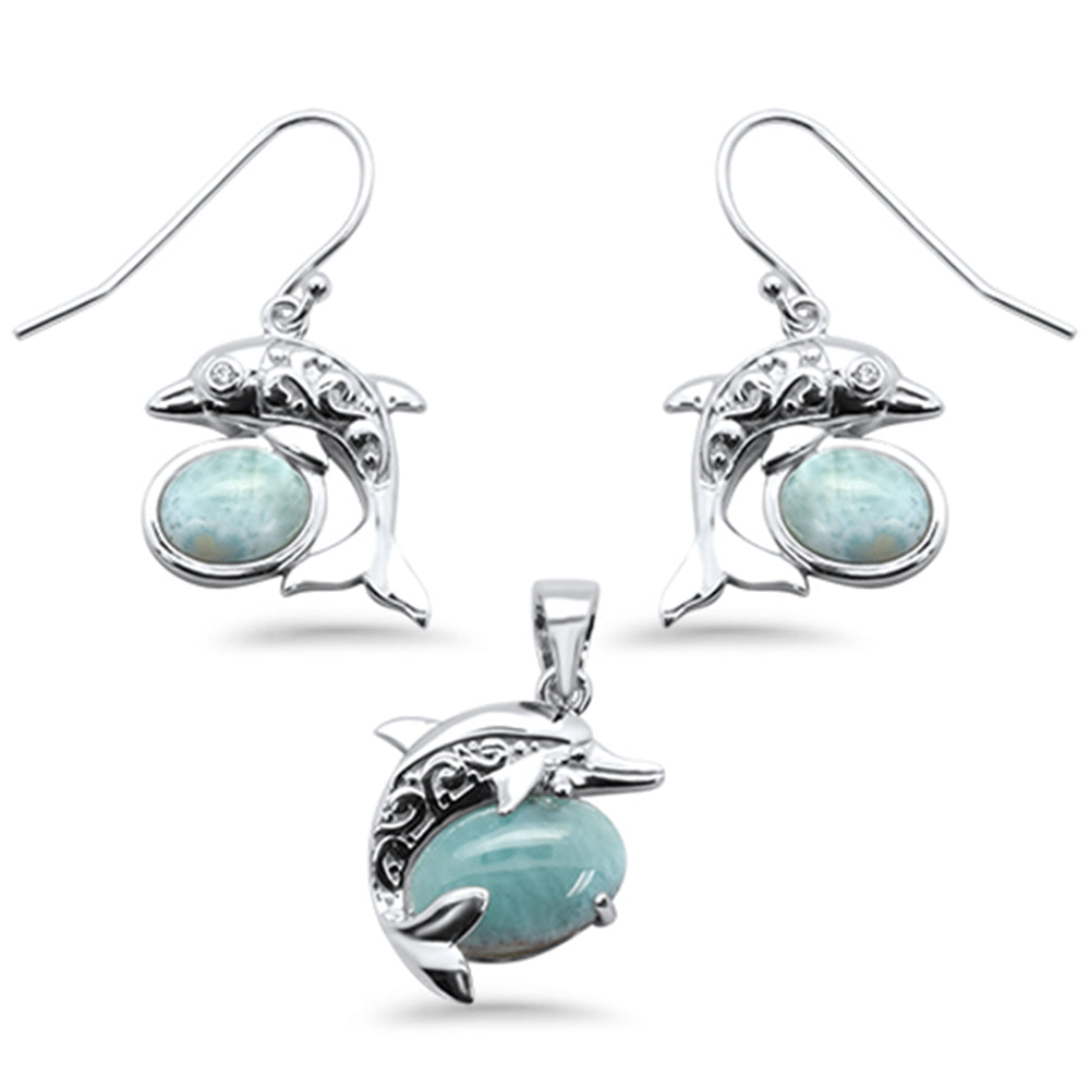 Oval Natural Larimar Dolphin .925 STERLING SILVER Pendant & Earring Set