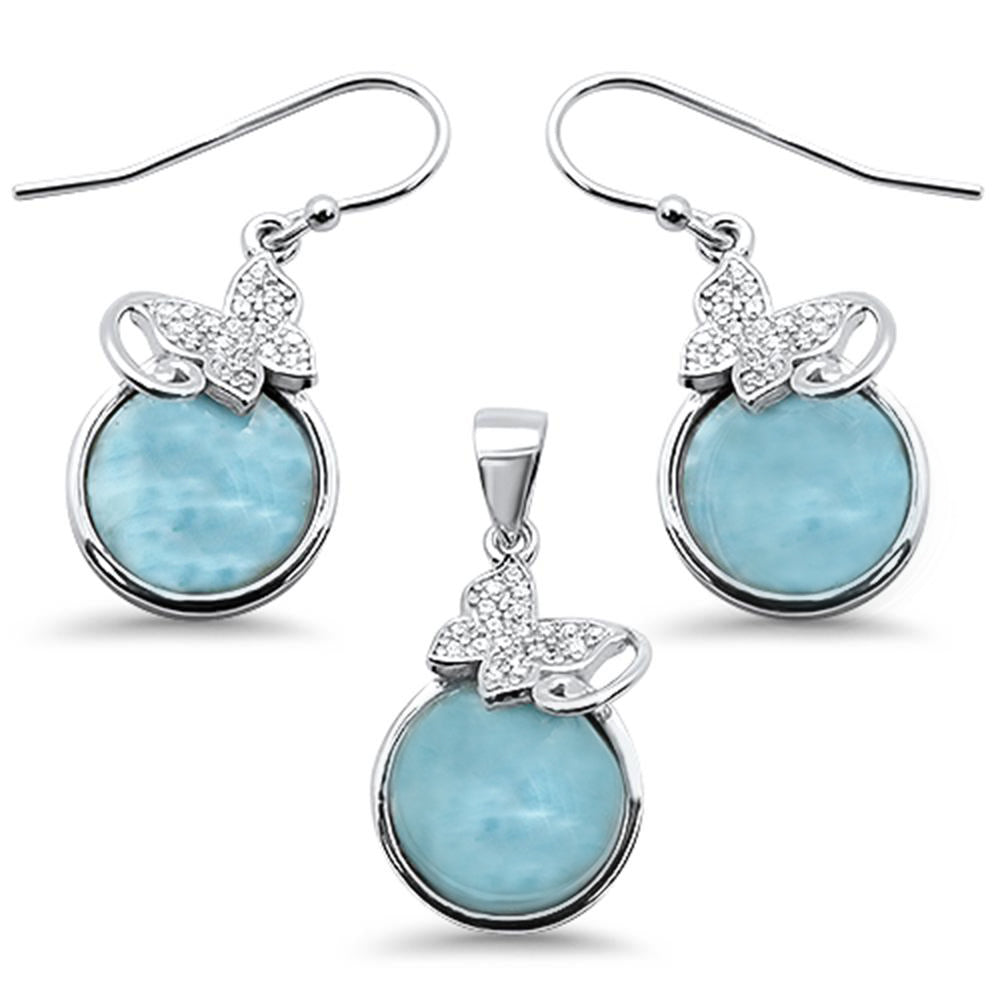 Round Natural Larimar & CZ .925 Sterling Silver PENDANT & Earring Set