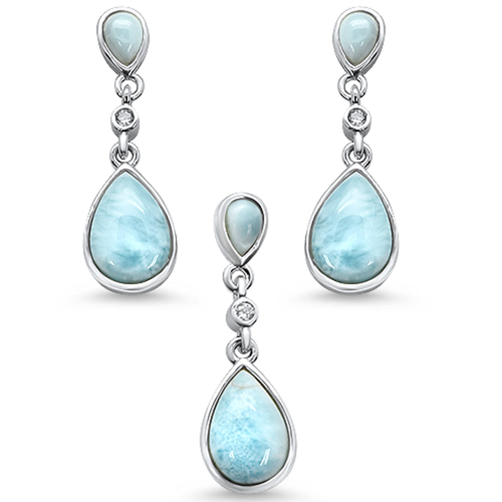 Pear Shape Natural Larimar & Round Cz .925 Sterling Silver Pendant & EARRING Set