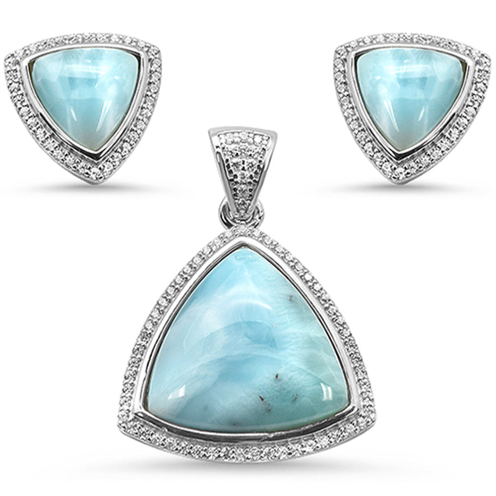 Natural Larimar & Cz Trillion Shape .925 Sterling Silver Pendant & EARRING Set