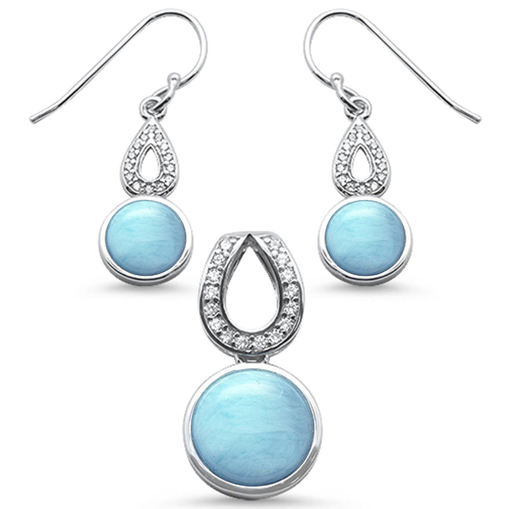 Natural Larimar & CUBIC ZIRCONIA Dangling  .925 Sterling Silver Pendant & Earring Set