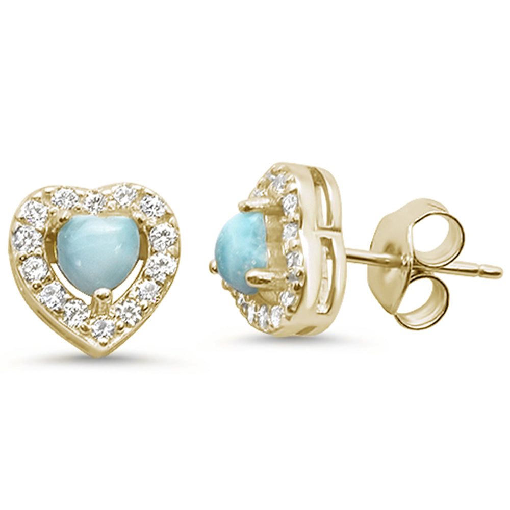 Yellow Gold Plated Natural Larimar Heart .925 STERLING SILVER Earrings