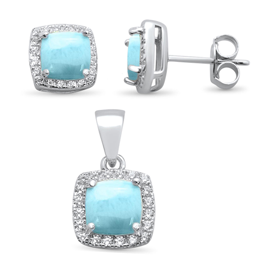 Cushion Cut Larimar & Cubic Zirconia .925 Sterling Silver Pendant & EARRING Set